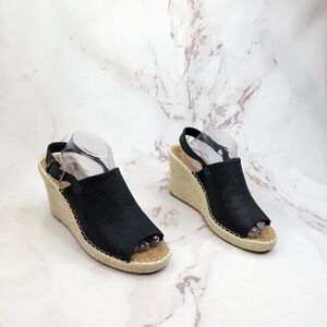 Toms Wedge Women 11 Espadrille Black Platform Slingback Shoe Sandal Open Monica